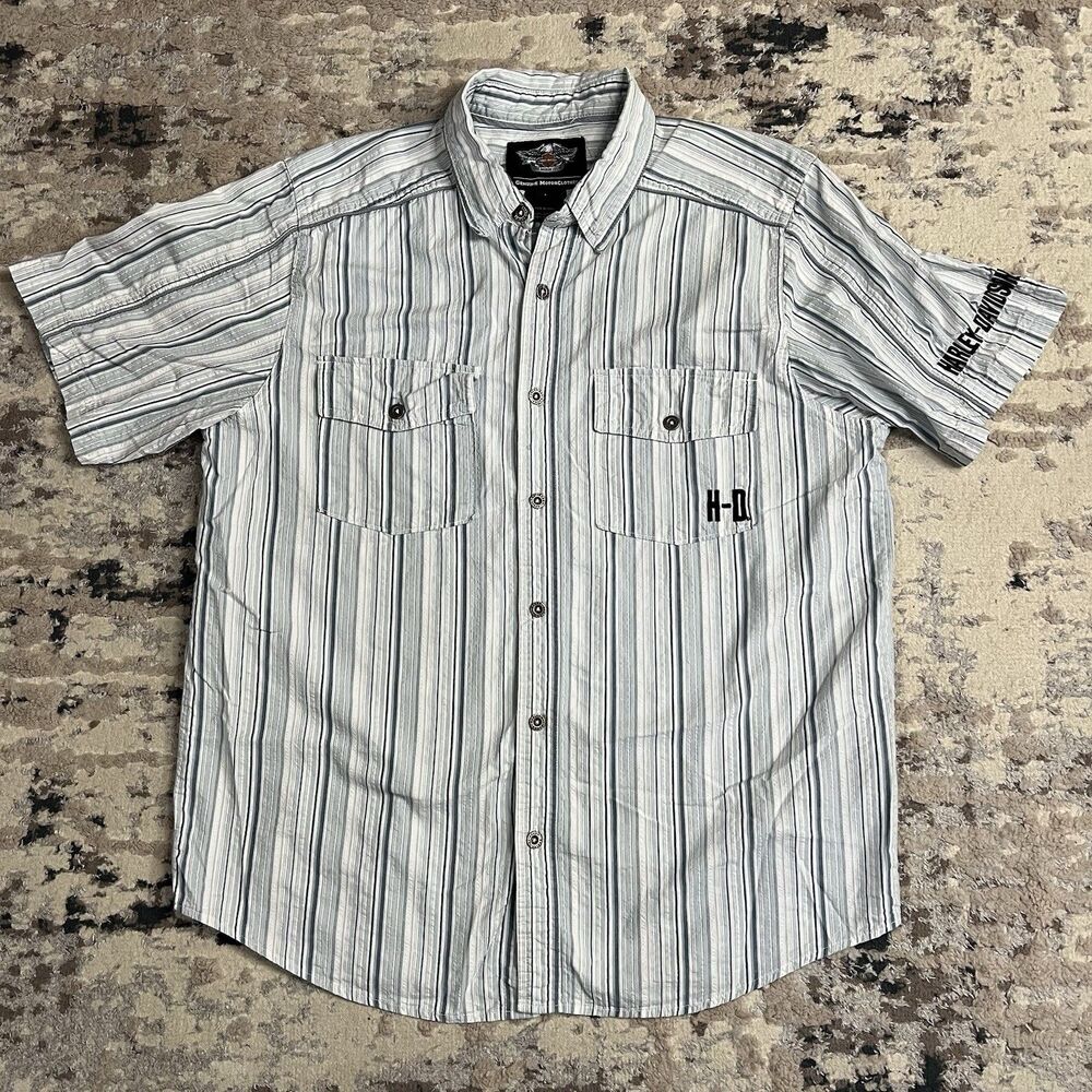 Harley Davidson Men's Sz L Short Sleeve Button Up Shop Garage Shirt Blue White